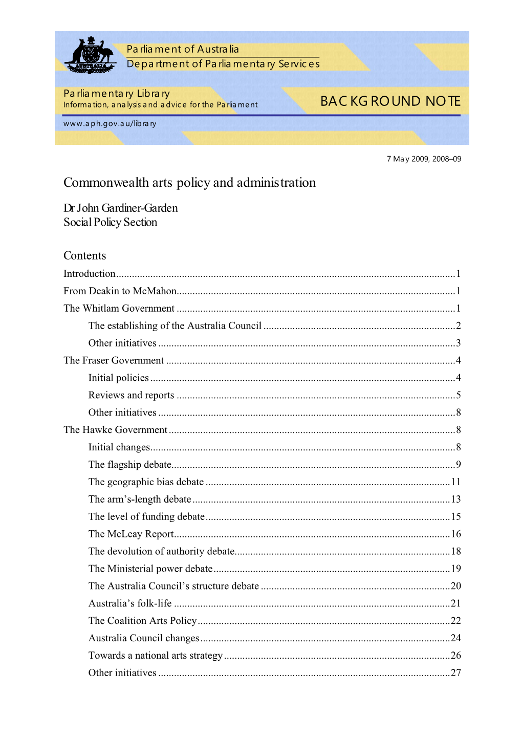 Commonwealth Arts Policy and Administration