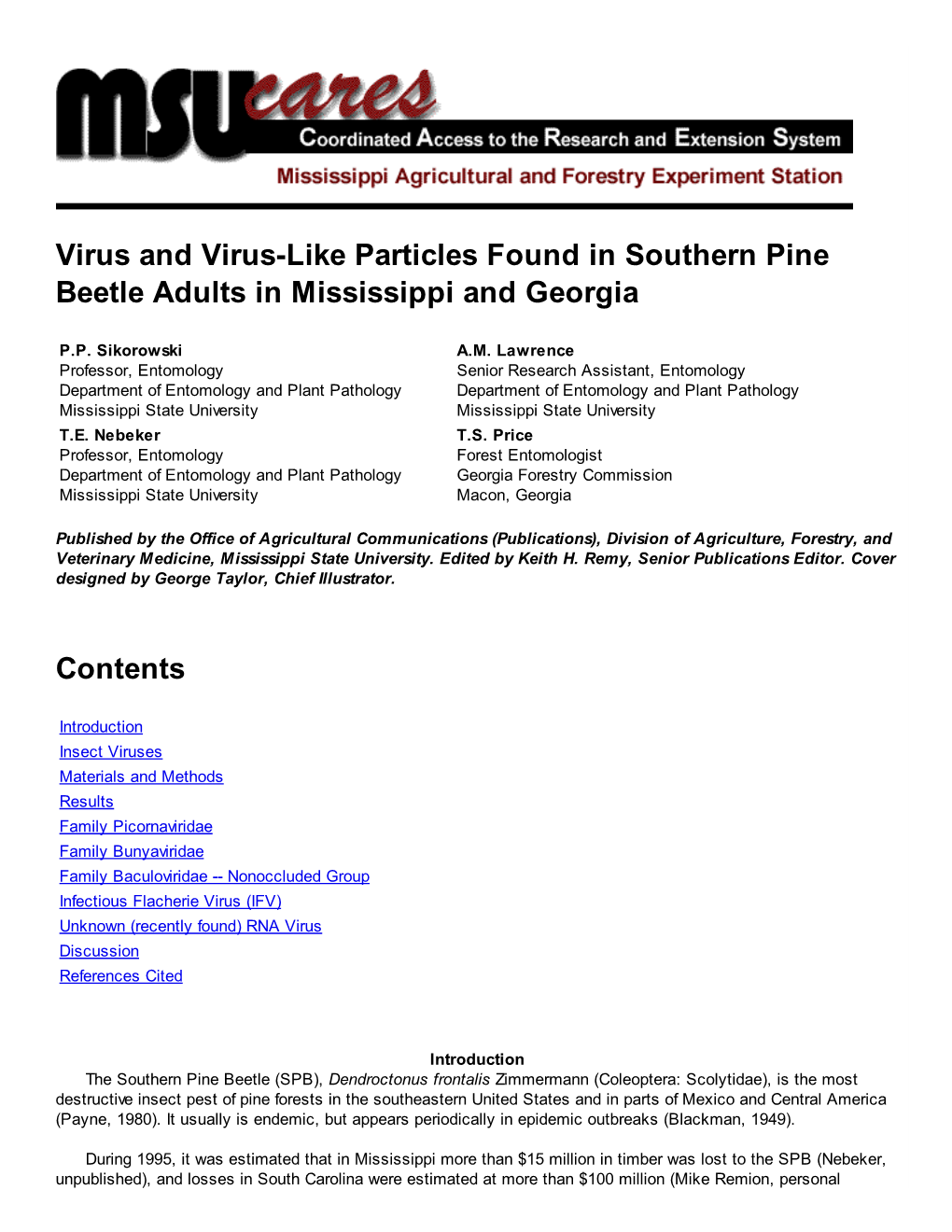 Virus and Virus-Like Particles Found in Southern Pine Beetle Adults in Mississippi and Georgia Contents