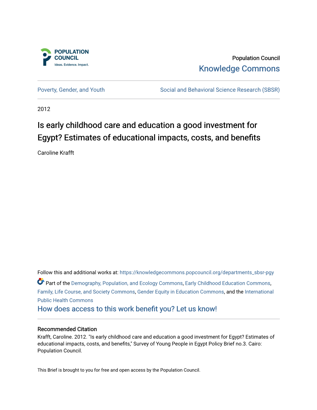 Is Early Childhood Care and Education a Good Investment for Egypt? Estimates of Educational Impacts, Costs, and Benefits