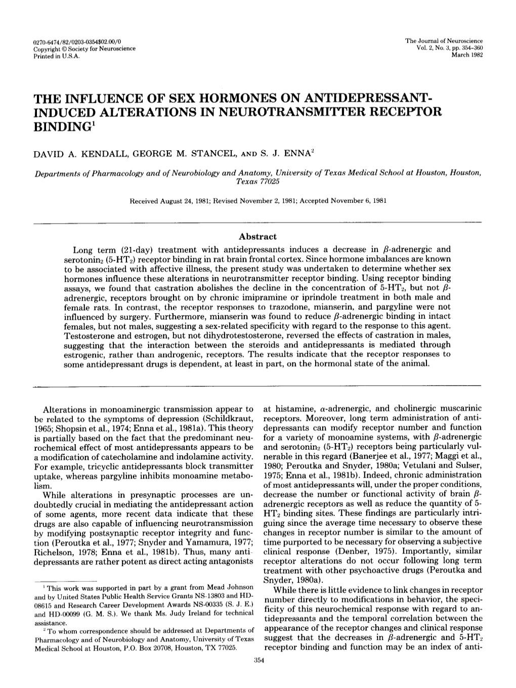 The Influence of Sex Hormones on Antidepressant- Induced Alterations in Neurotransmiti’Er Receptor Binding’