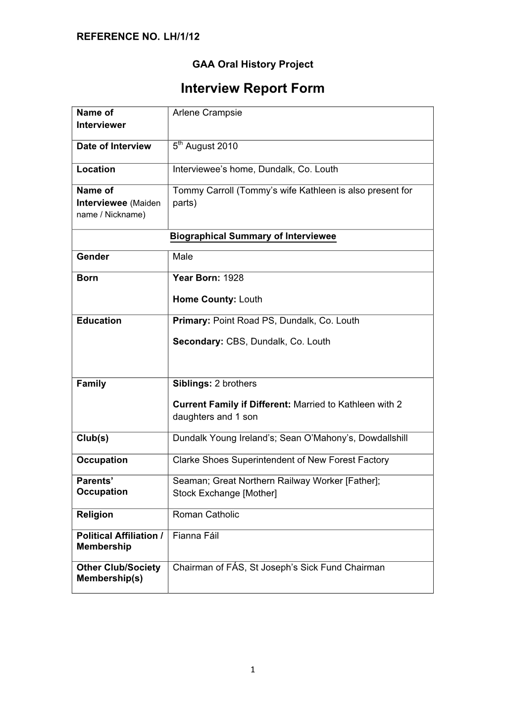 GAA Oral History Project Interview Report Form