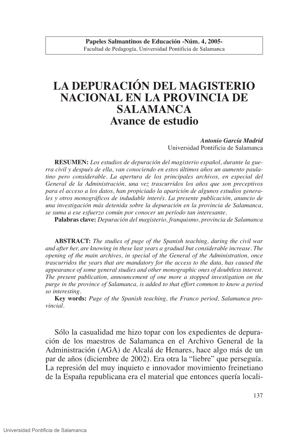 LA DEPURACIÓN DEL MAGISTERIO NACIONAL EN LA PROVINCIA DE SALAMANCA Avance De Estudio