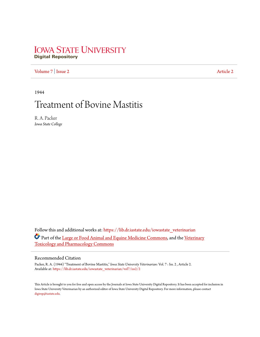 Treatment of Bovine Mastitis R