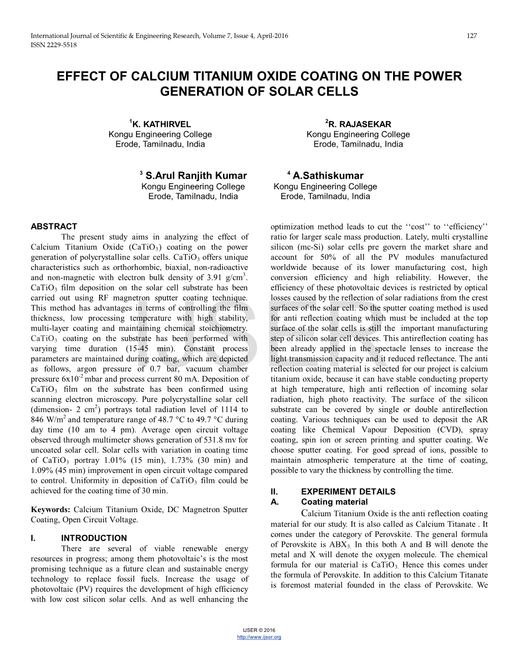 Effect of Calcium Titanium Oxide Coating on the Power Generation of Solar Cells