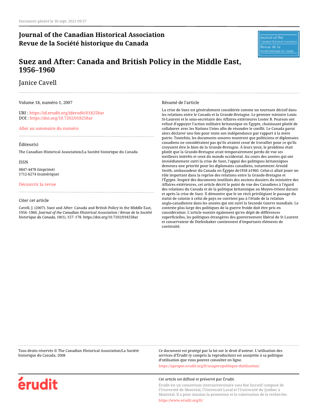 Suez and After: Canada and British Policy in the Middle East, 1956–1960 Janice Cavell