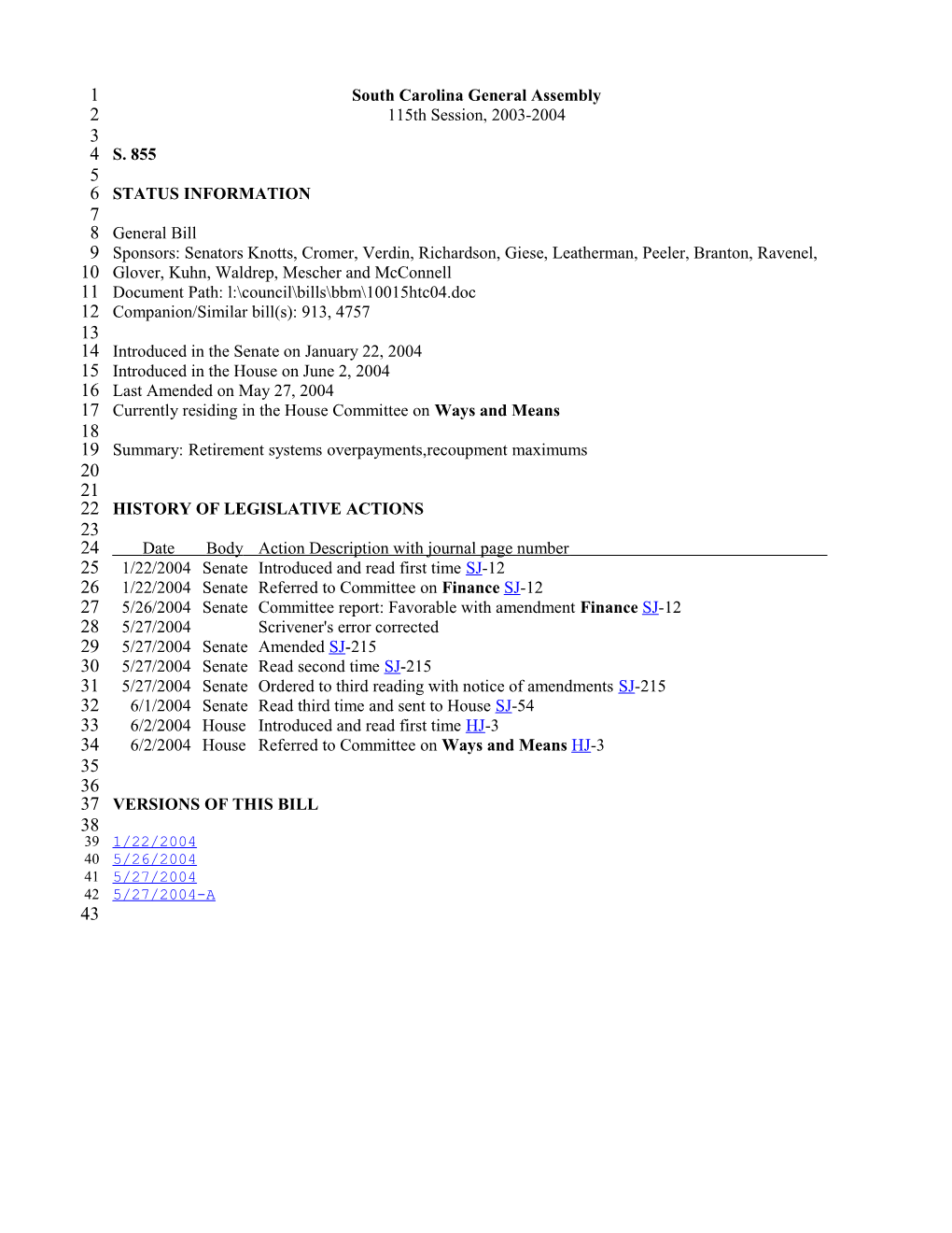 2003-2004 Bill 855: Retirement Systems Overpayments,Recoupment Maximums - South Carolina