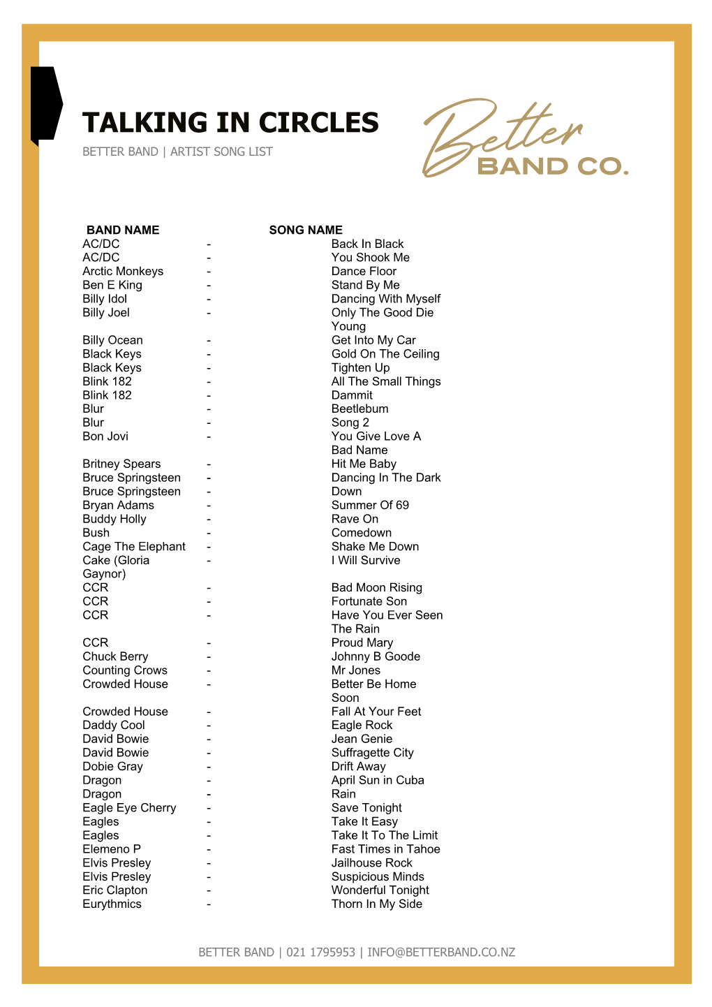 Talking in Circles Better Band | Artist Song List