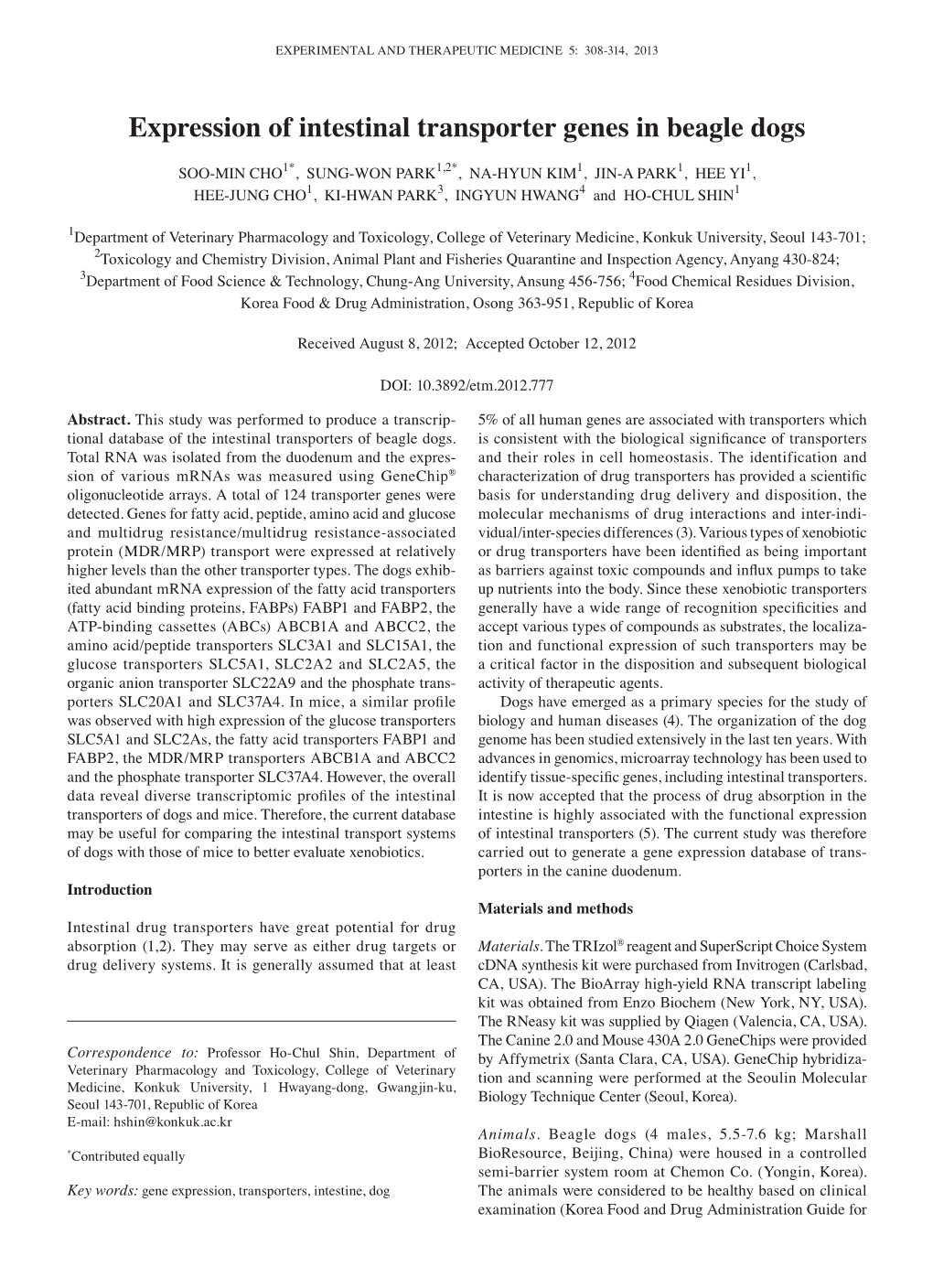 Expression of Intestinal Transporter Genes in Beagle Dogs