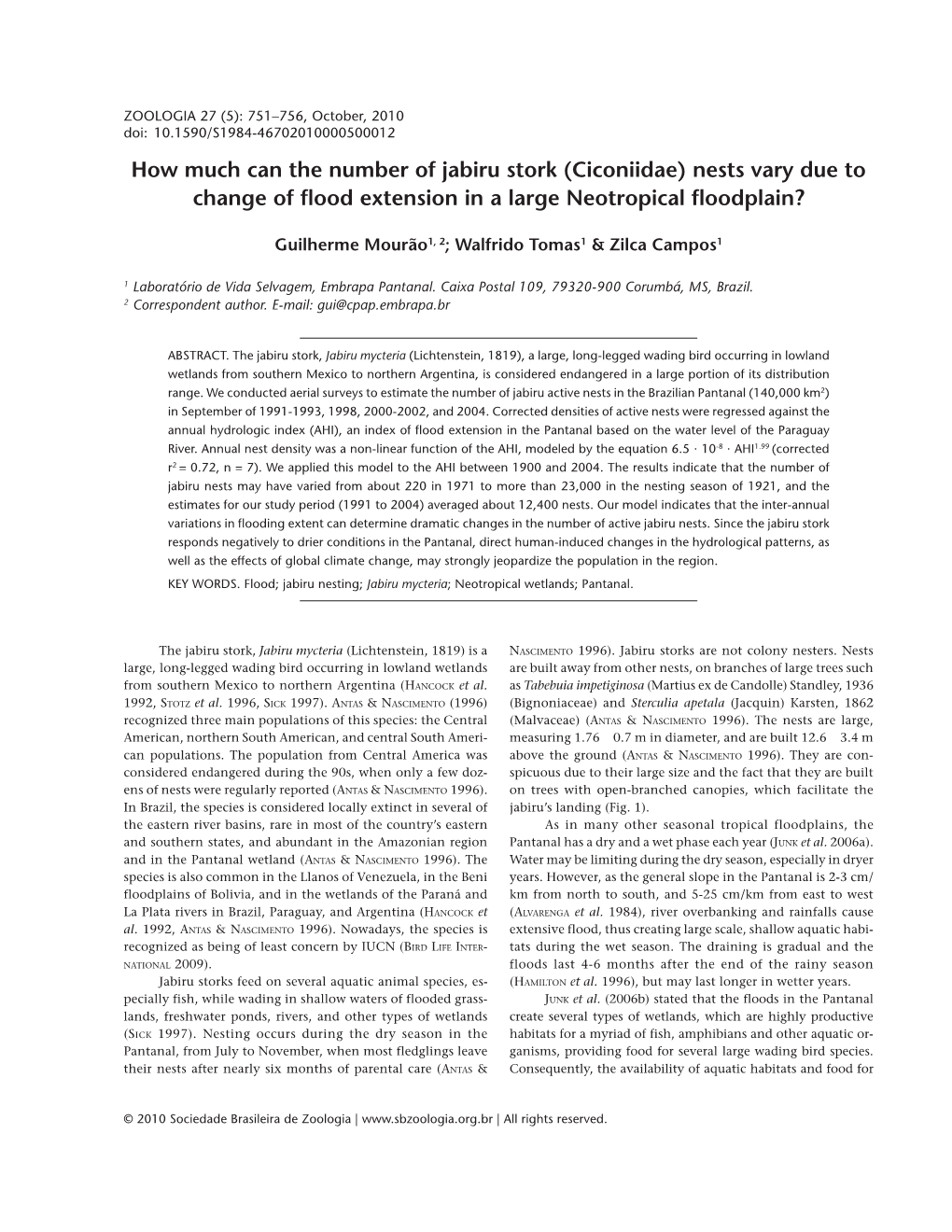 How Much Can the Number of Jabiru Stork (Ciconiidae) Nests Vary Due to Change of Flood Extension in a Large Neotropical Floodplain?