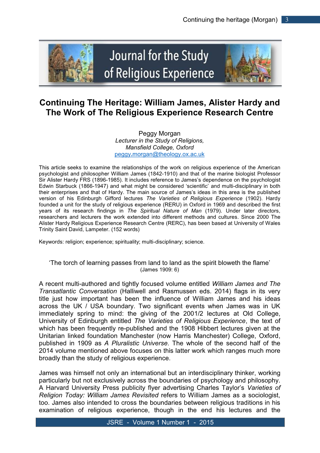 William James, Alister Hardy and the Work of the Religious Experience Research Centre