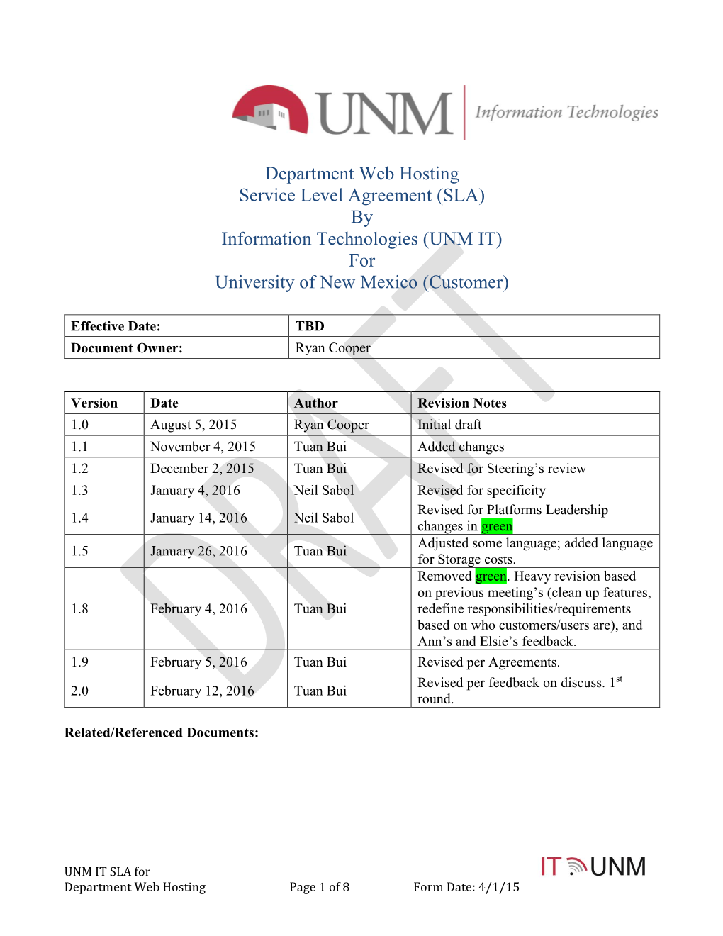 Department Web Hosting Service Level Agreement (SLA) by Information Technologies (UNM IT) for University of New Mexico (Customer)