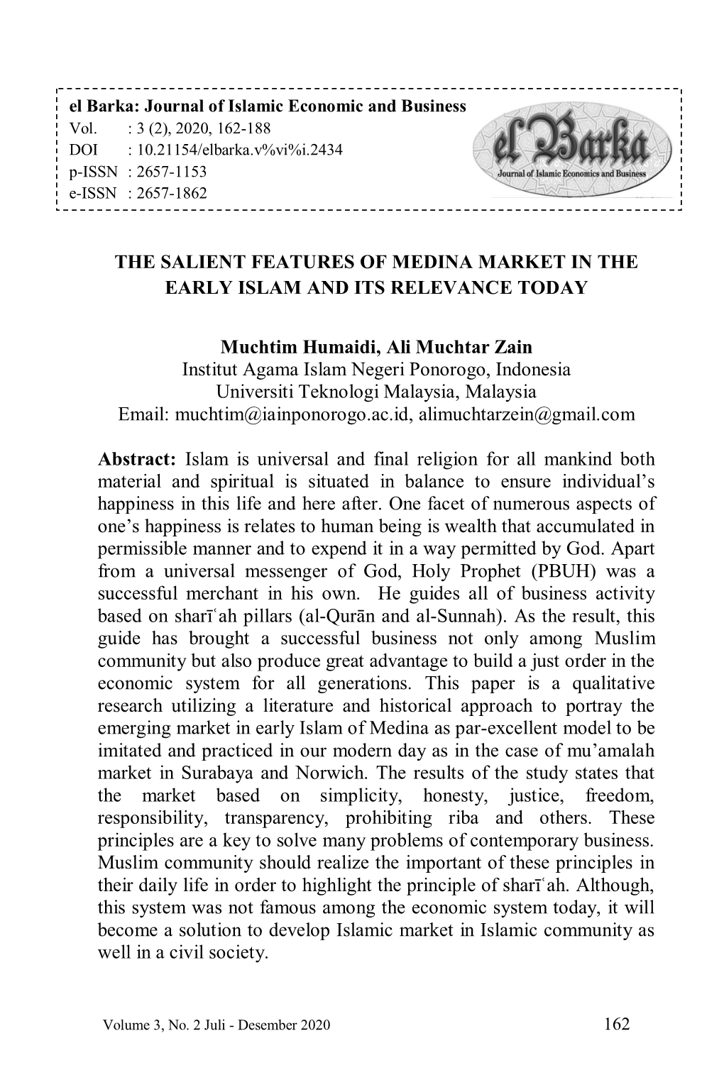 The Salient Features of Medina Market in the Early Islam and Its Relevance Today