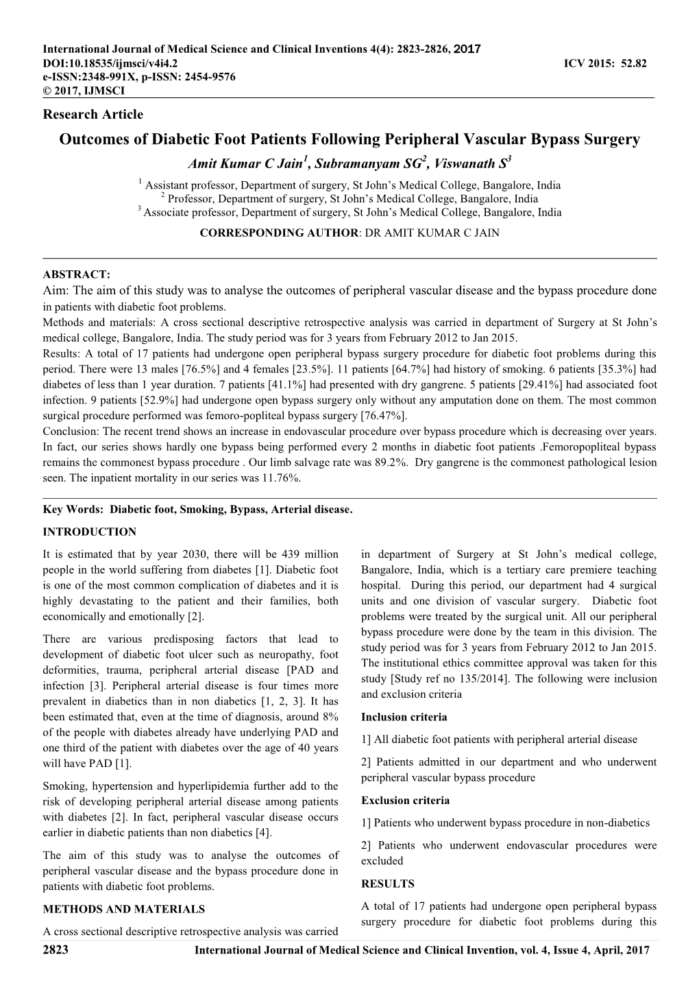 Outcomes of Diabetic Foot Patients Following Peripheral Vascular