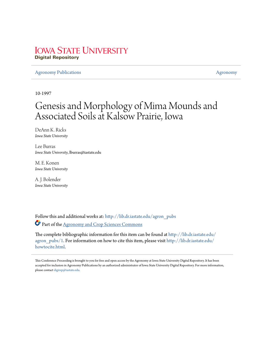 Genesis and Morphology of Mima Mounds and Associated Soils at Kalsow Prairie, Iowa Deann K