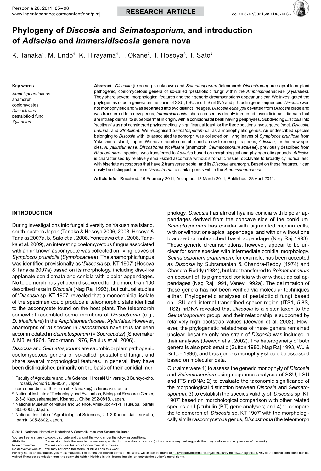 <I>Seimatosporium</I>, and Introduction Of