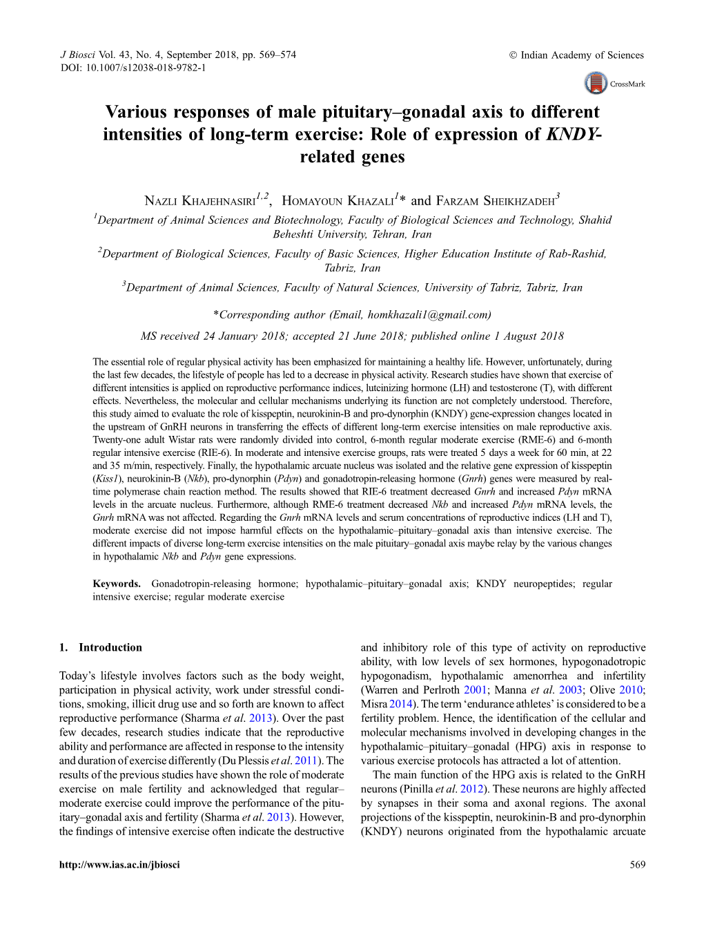 Various Responses of Male Pituitary–Gonadal Axis to Different Intensities of Long-Term Exercise: Role of Expression of KNDY- Related Genes