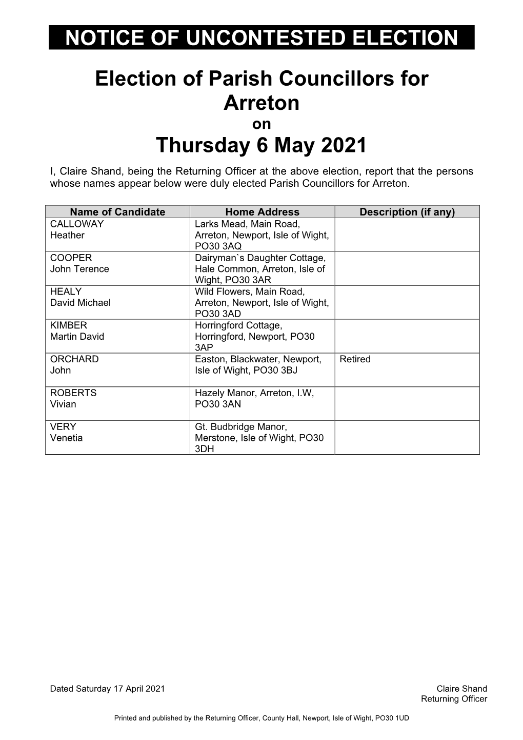 Election of Parish Councillors for Arreton on Thursday 6 May 2021