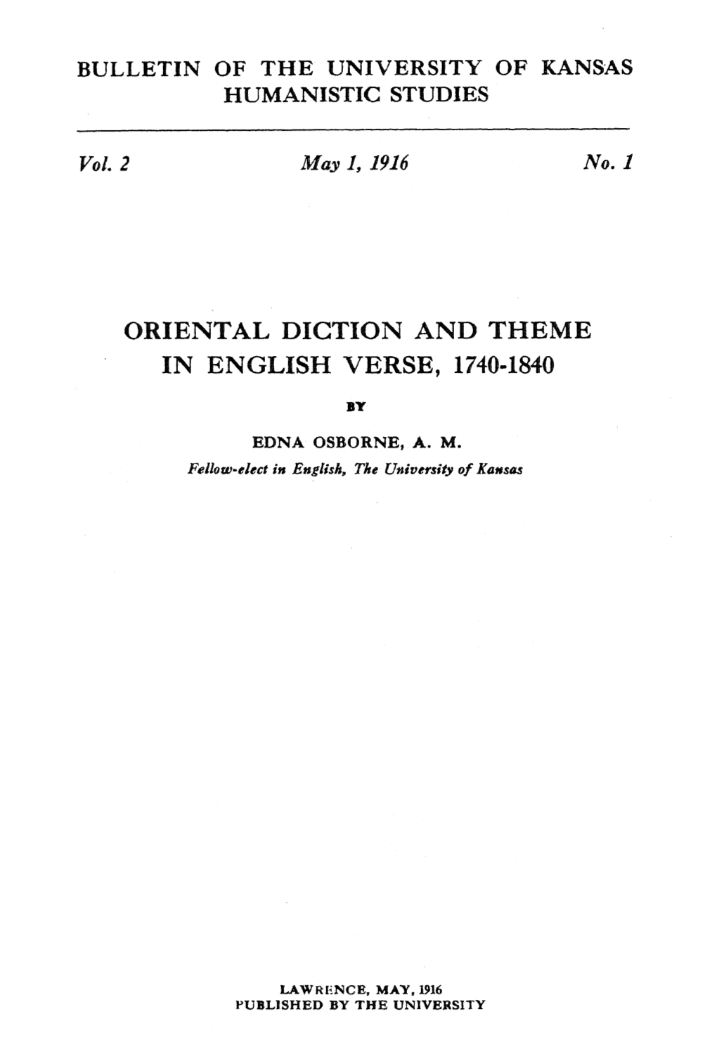 Oriental Diction and Theme in English Verse, 1740-1840