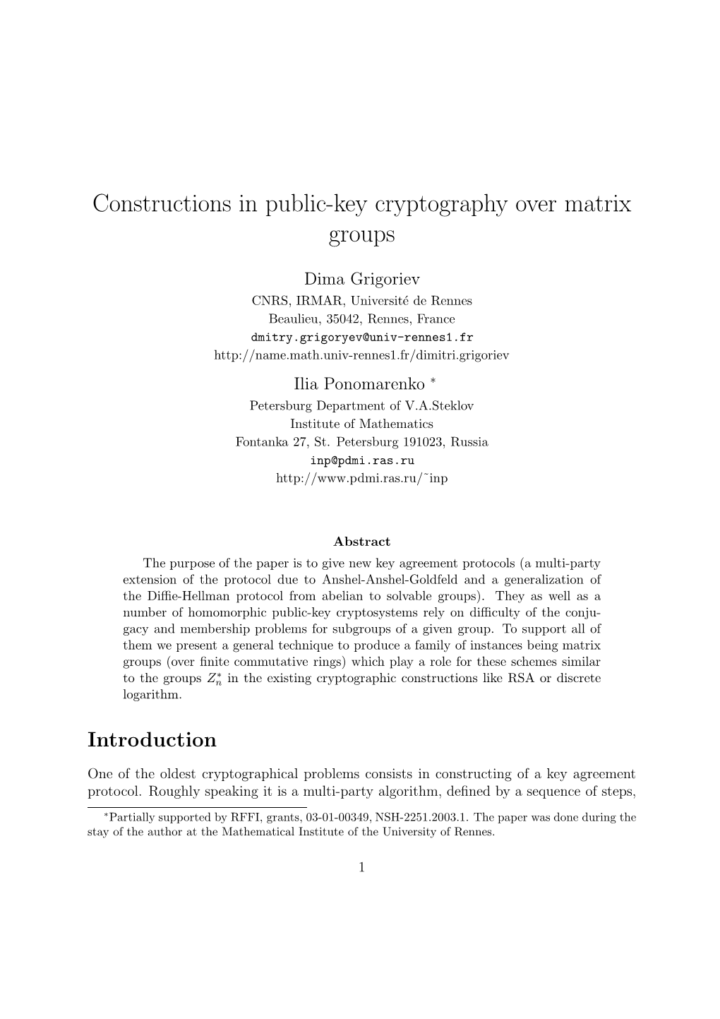 Constructions in Public-Key Cryptography Over Matrix Groups