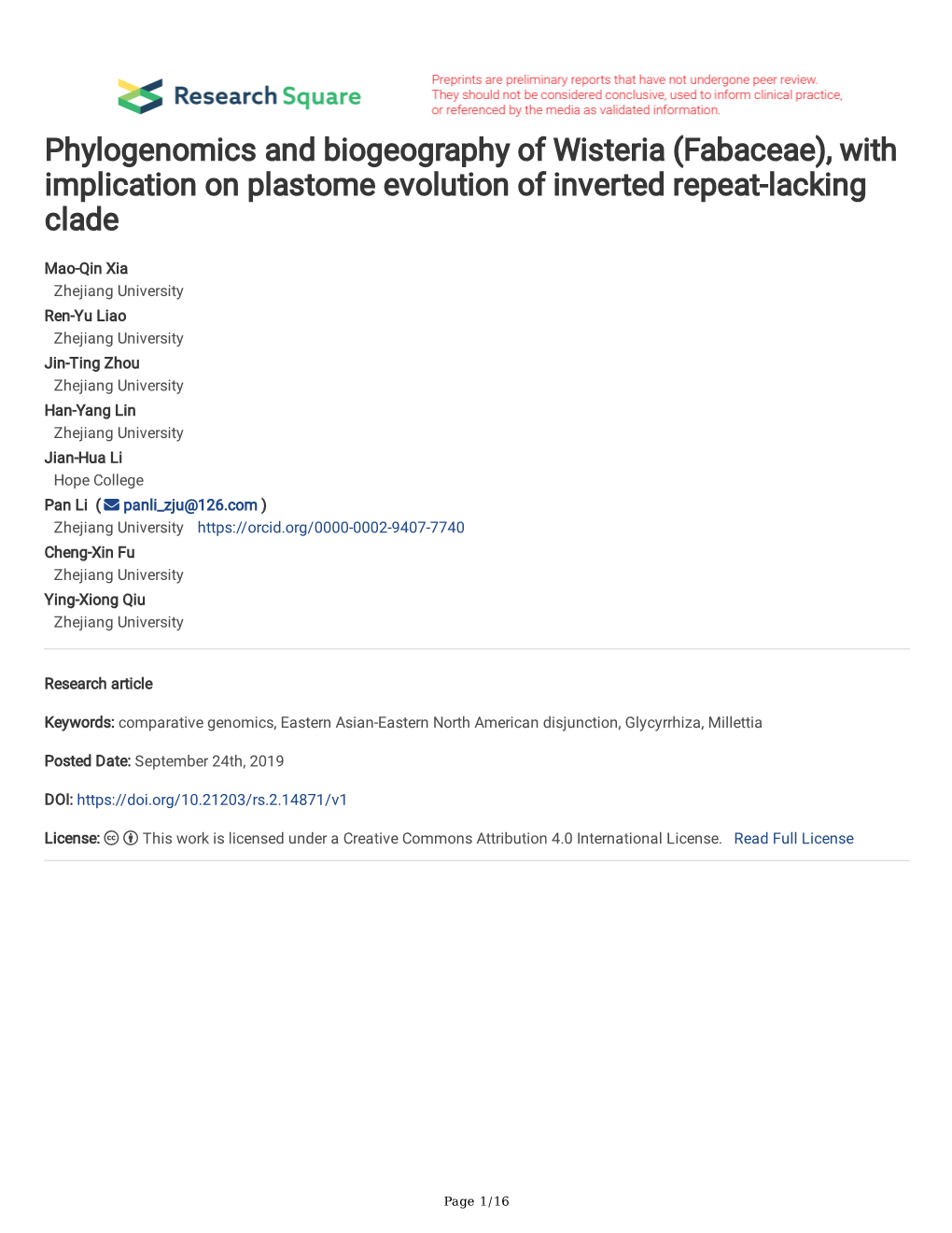 Phylogenomics and Biogeography of Wisteria (Fabaceae), with Implication on Plastome Evolution of Inverted Repeat-Lacking Clade