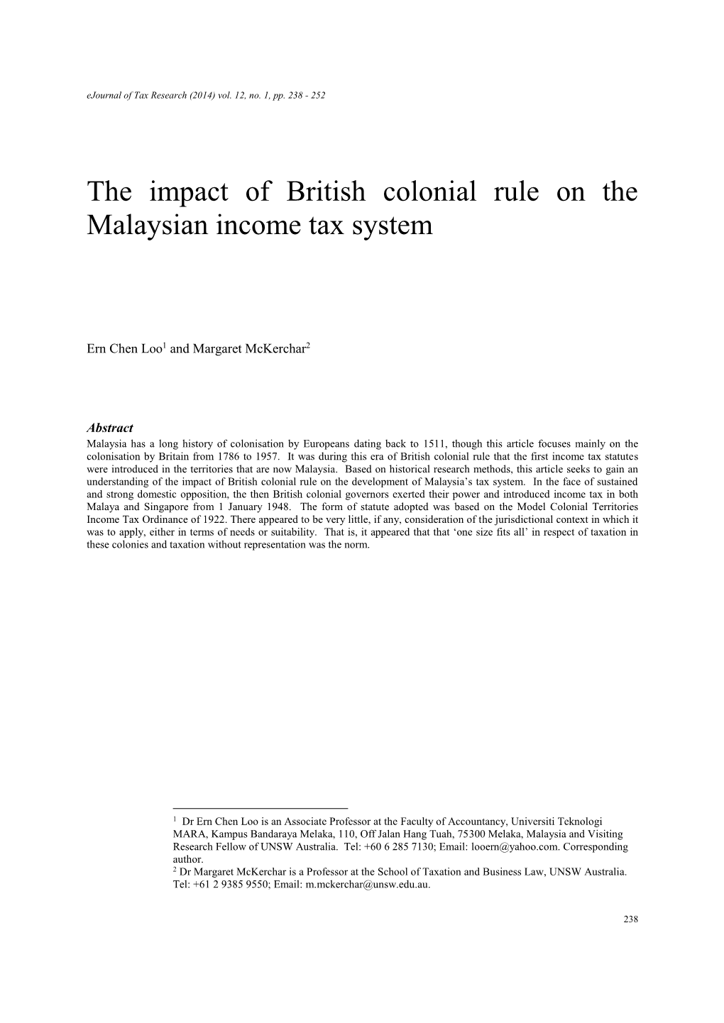 The Impact of British Colonial Rule on the Malaysian Income Tax System