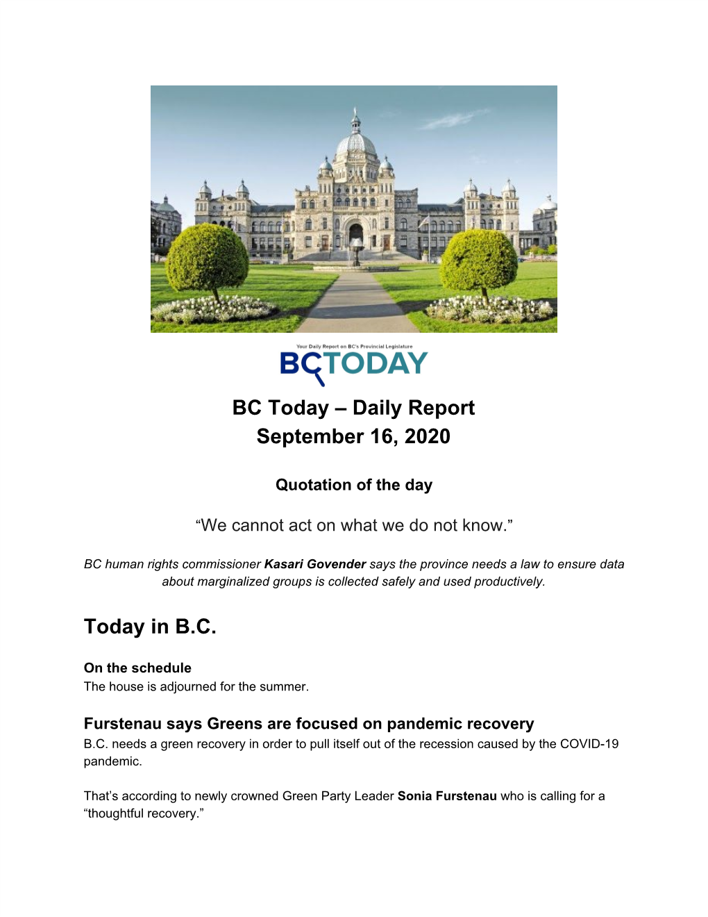 Daily Report September 16, 2020 Today in BC