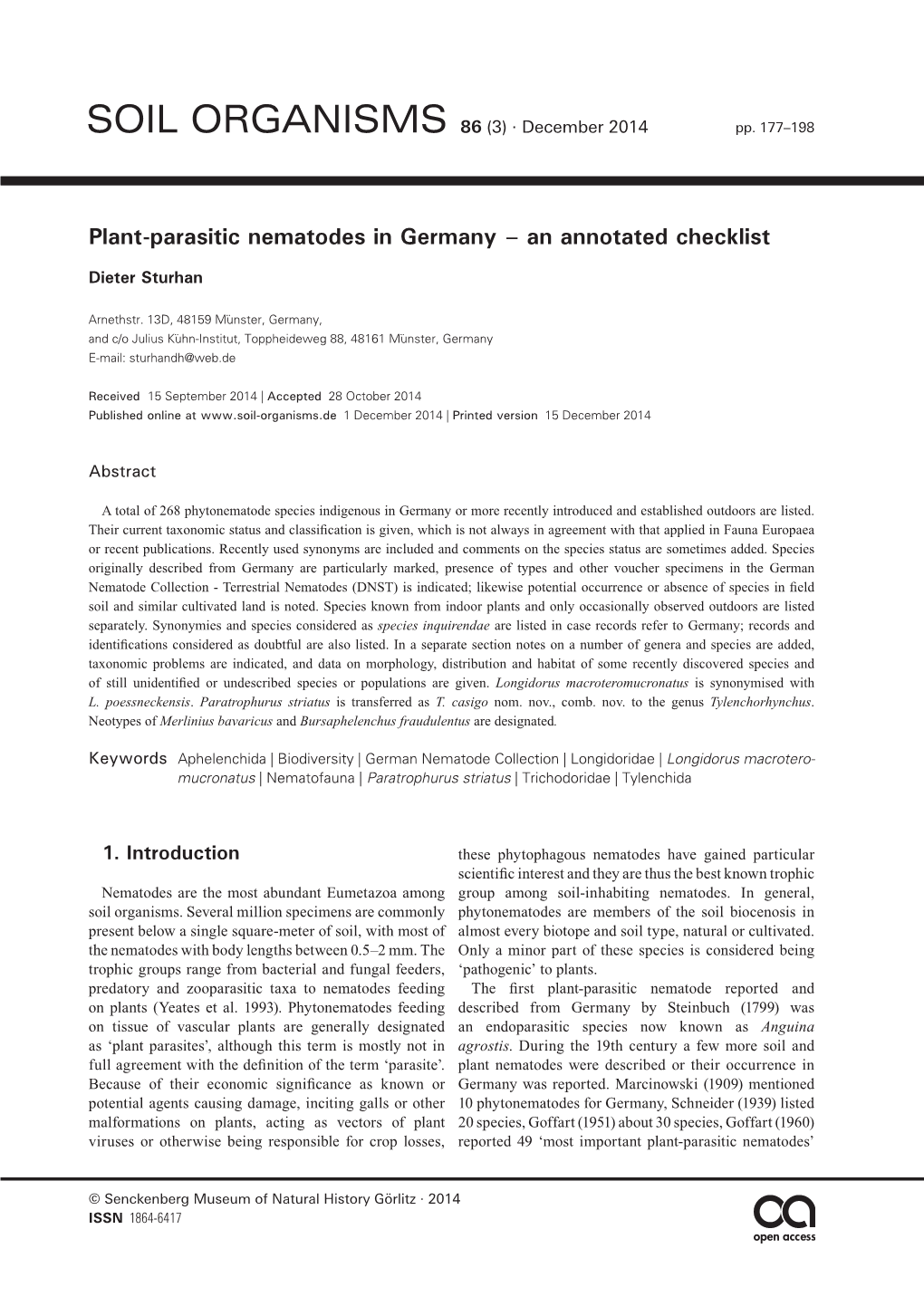 Plant-Parasitic Nematodes in Germany – an Annotated Checklist