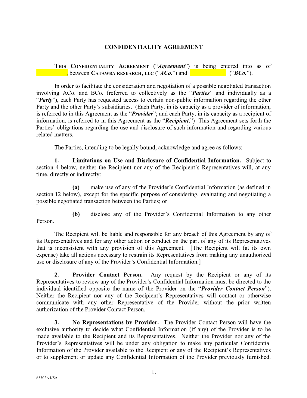 Catawba Research Confidentiality Agreement Template