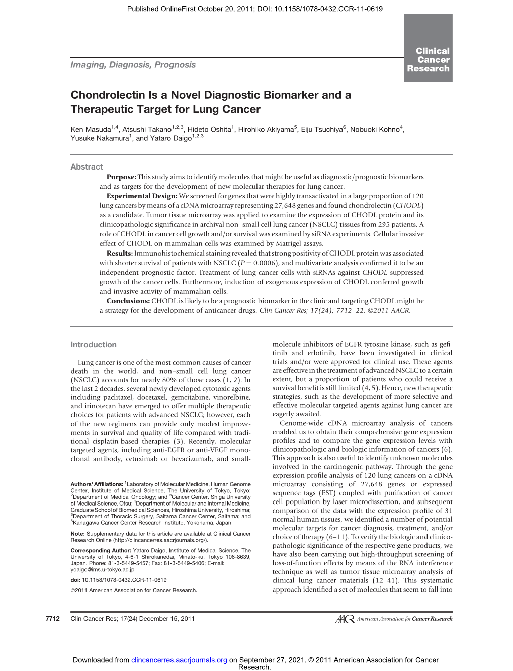 Chondrolectin Is a Novel Diagnostic Biomarker and a Therapeutic Target for Lung Cancer