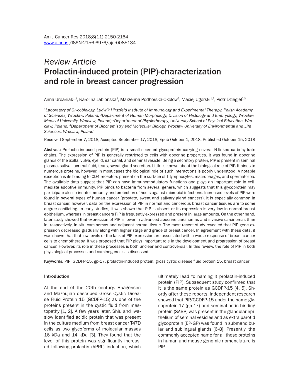 Review Article Prolactin-Induced Protein (PIP)-Characterization and Role in Breast Cancer Progression