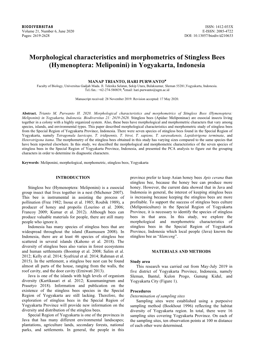 Morphological Characteristics and Morphometrics of Stingless Bees (Hymenoptera: Meliponini) in Yogyakarta, Indonesia