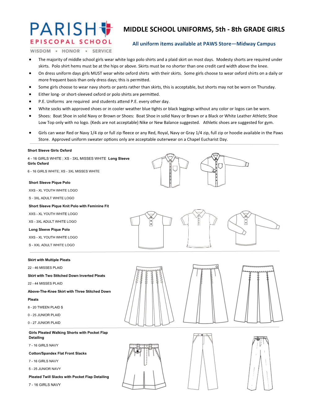 MIDDLE SCHOOL UNIFORMS, 5Th ‐ 8Th GRADE GIRLS