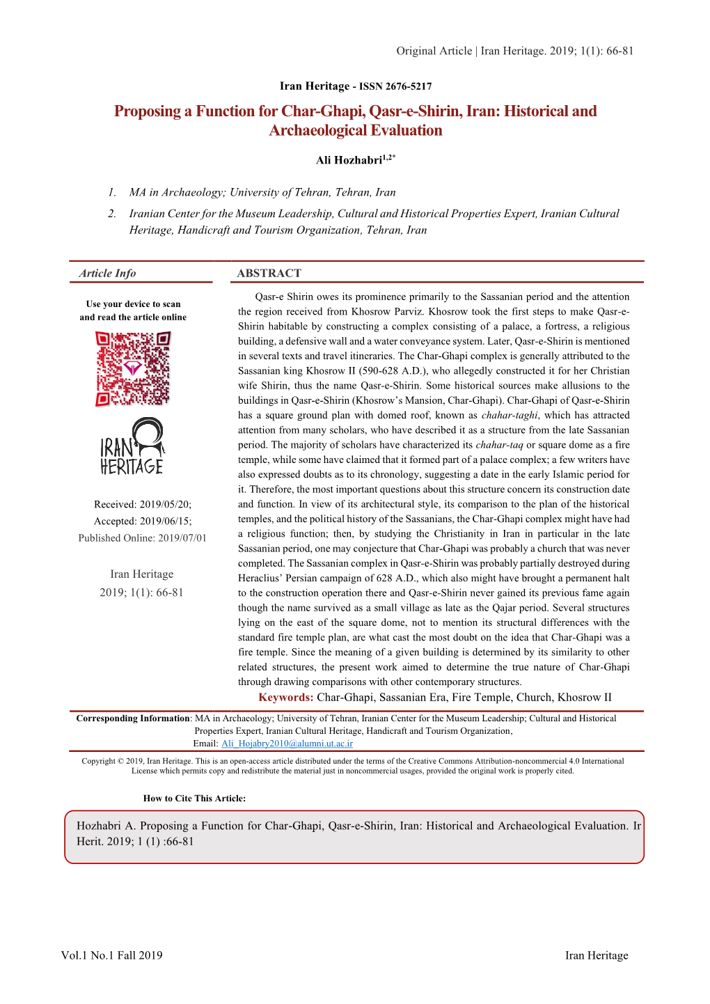 Proposing a Function for Char-Ghapi, Qasr-E-Shirin, Iran: Historical and Archaeological Evaluation