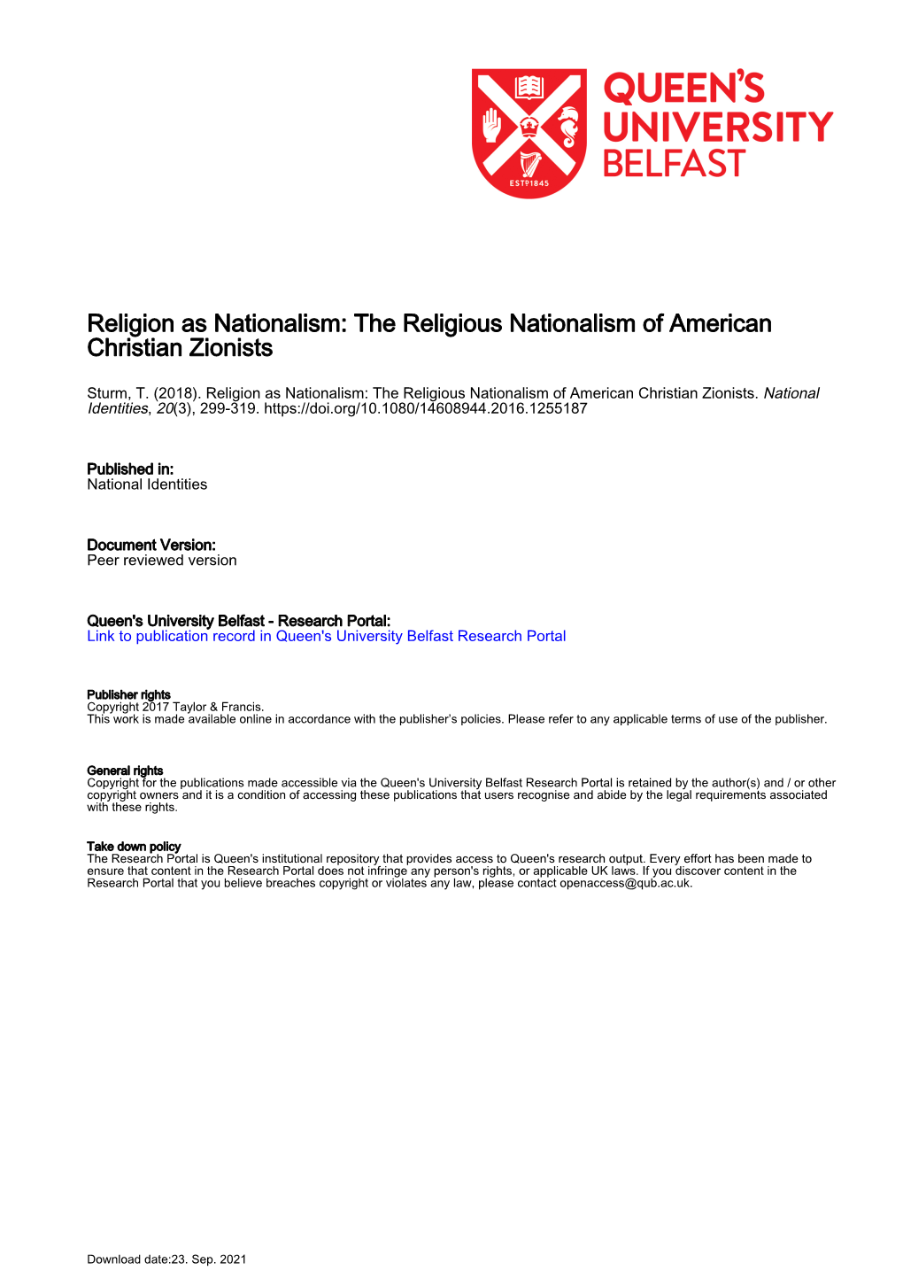 Religion As Nationalism: the Religious Nationalism of American Christian Zionists