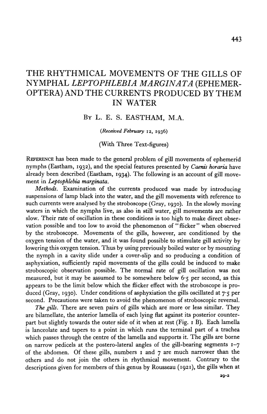 The Rhythmical Movements of the Gills of Nymphal Leptophlebia Margin at a (Ephemer- Optera) and the Currents Produced by Them in Water by L