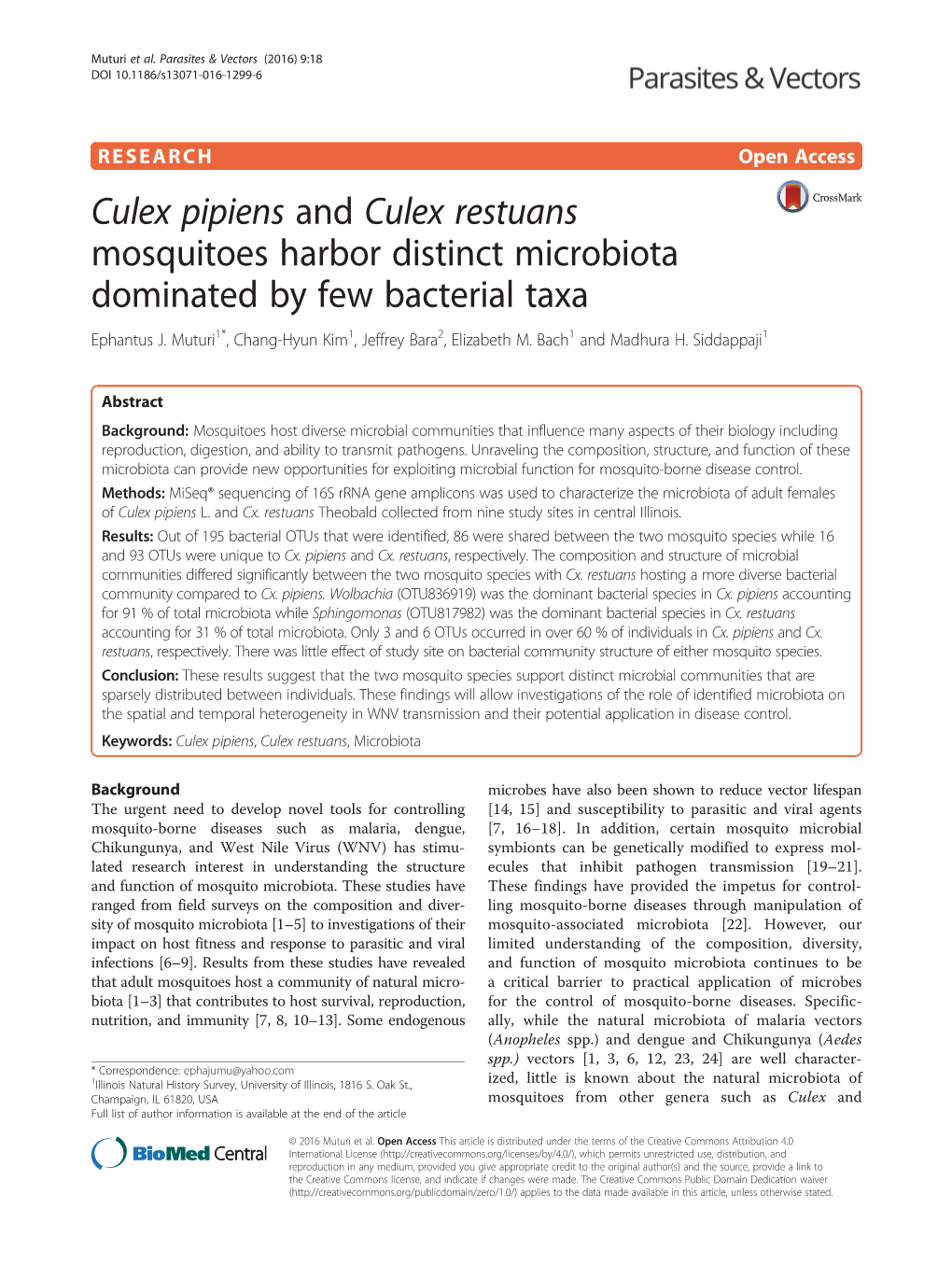 Culex Pipiens and Culex Restuans Mosquitoes Harbor Distinct Microbiota Dominated by Few Bacterial Taxa Ephantus J