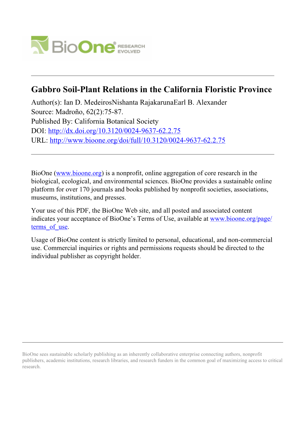 Gabbro Soil-Plant Relations in the California Floristic Province Author(S): Ian D