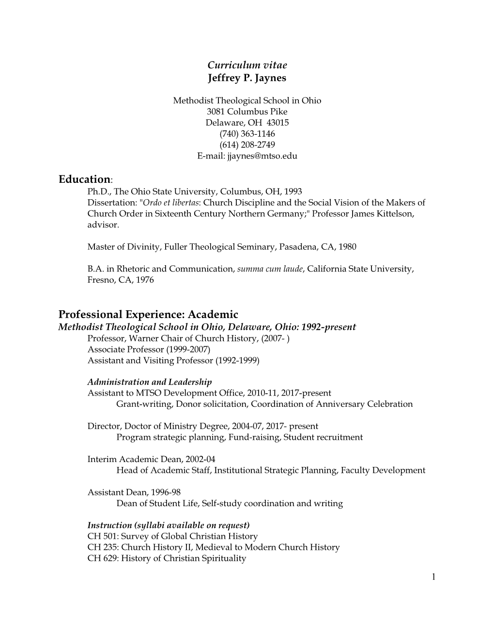 Curriculum Vitae Jeffrey P. Jaynes