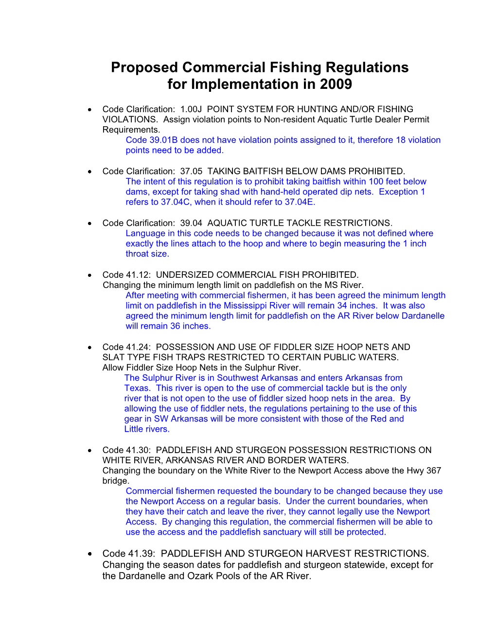 Commercial Fishing Regulations for Implementation in 2009