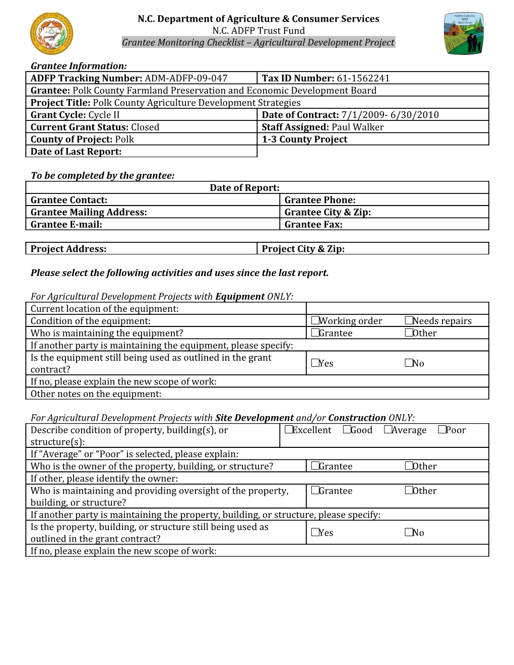 Grantee Monitoring Checklist Agricultural Development Project