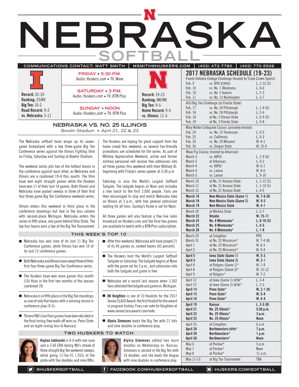 Softball Communications Contact: Matt Smith Msmith@Huskers.Com (402) 472-7780 (402) 770-5926 Friday • 5:30 P.M