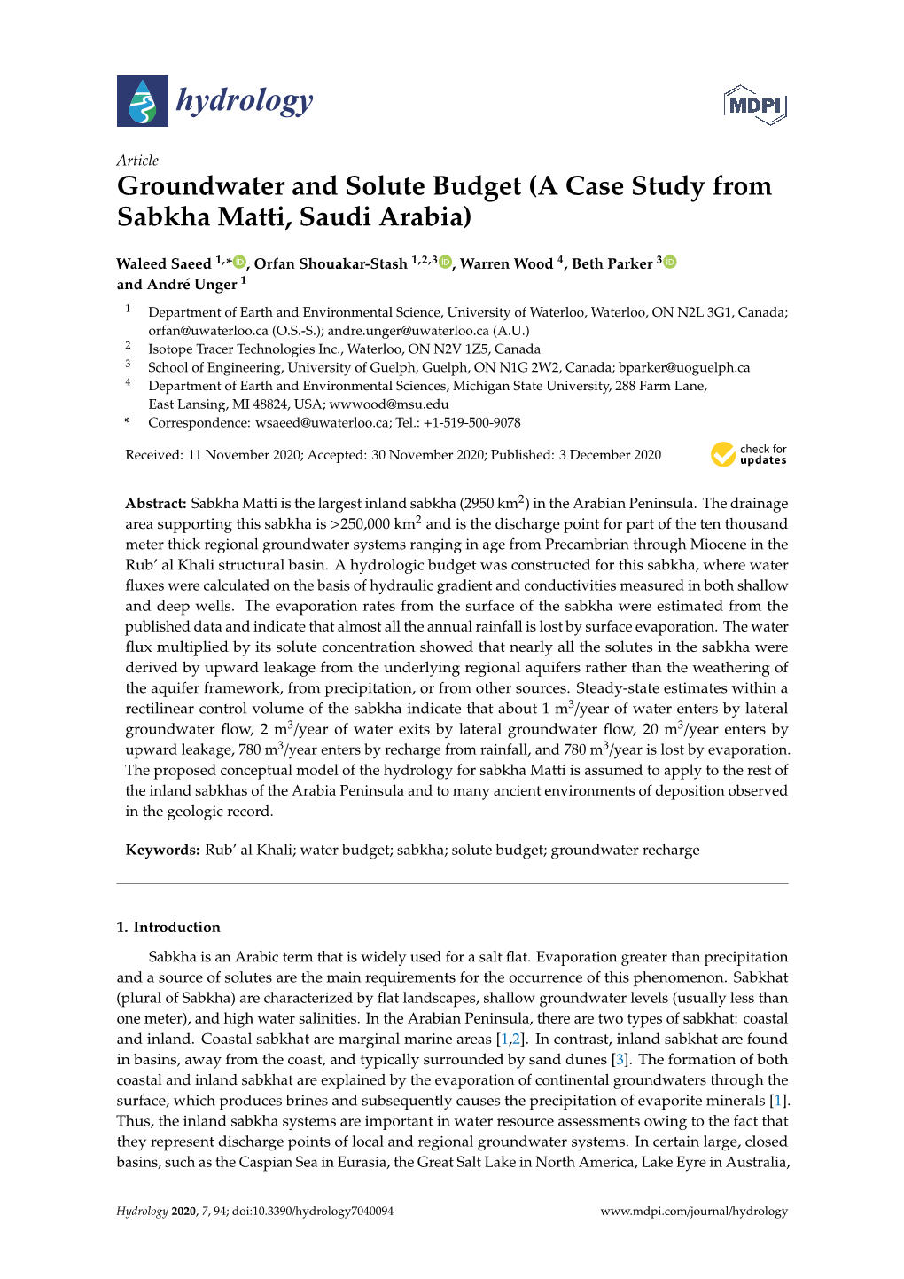 Groundwater and Solute Budget (A Case Study from Sabkha Matti, Saudi Arabia)