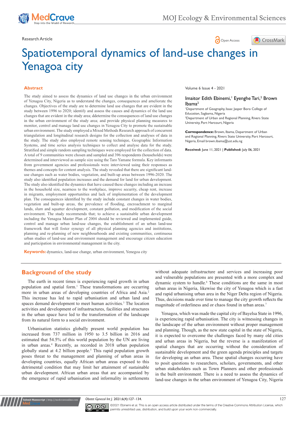 Spatiotemporal Dynamics of Land-Use Changes in Yenagoa City