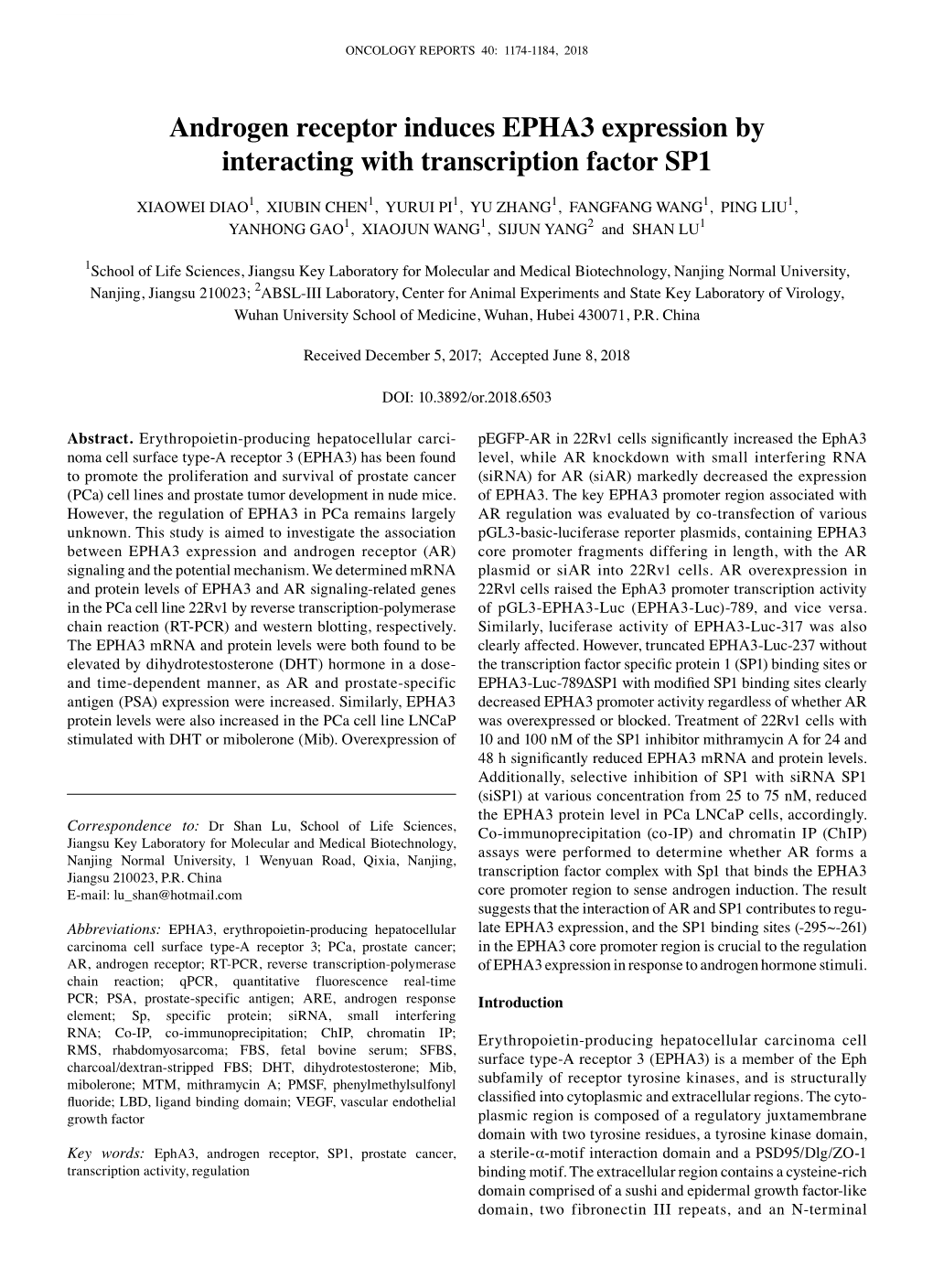 Androgen Receptor Induces EPHA3 Expression by Interacting with Transcription Factor SP1