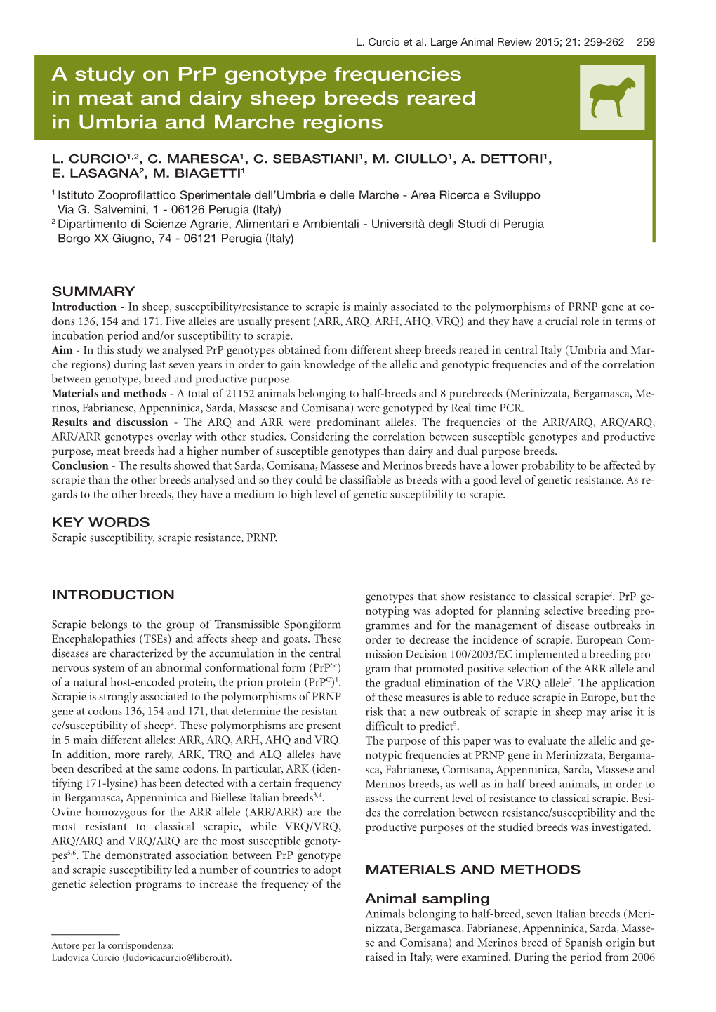 A Study on Prp Genotype Frequencies in Meat and Dairy Sheep Breeds Reared L in Umbria and Marche Regions