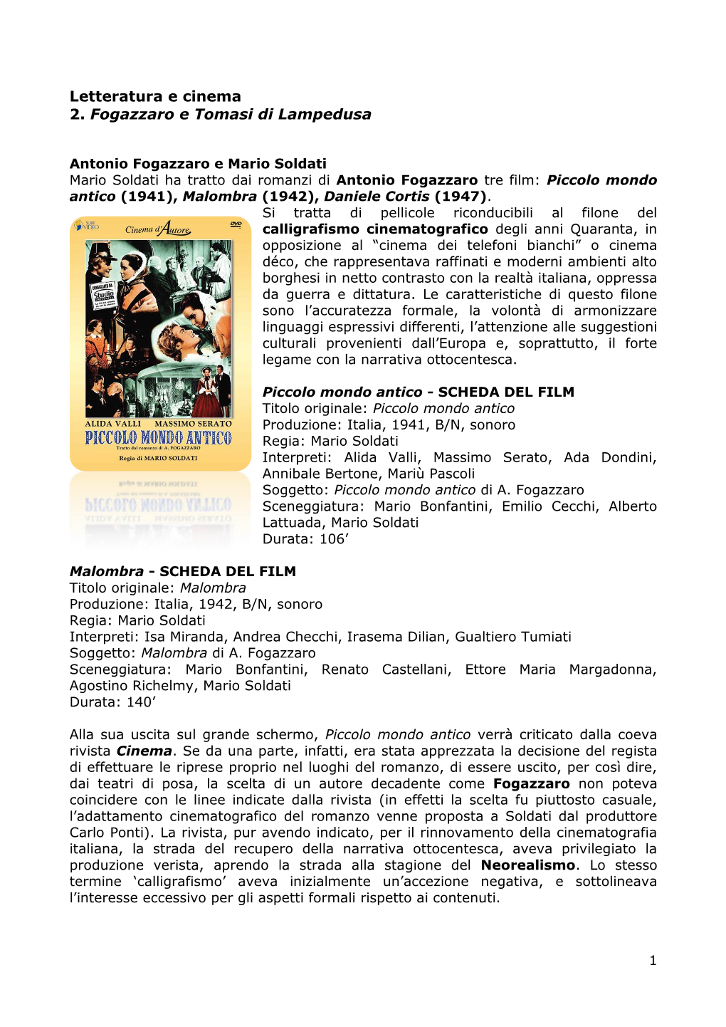 Letteratura E Cinema 2. Fogazzaro E Tomasi Di Lampedusa