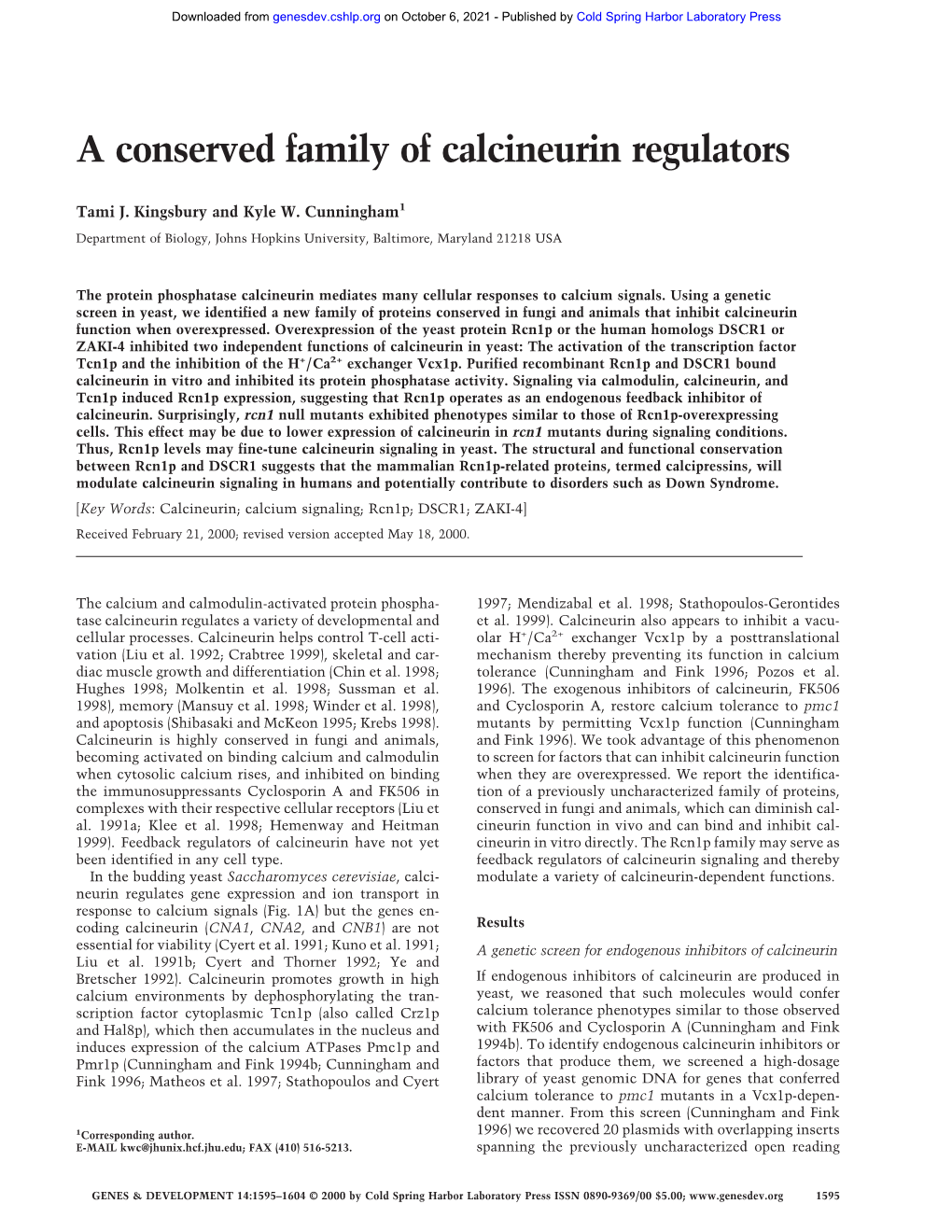 A Conserved Family of Calcineurin Regulators