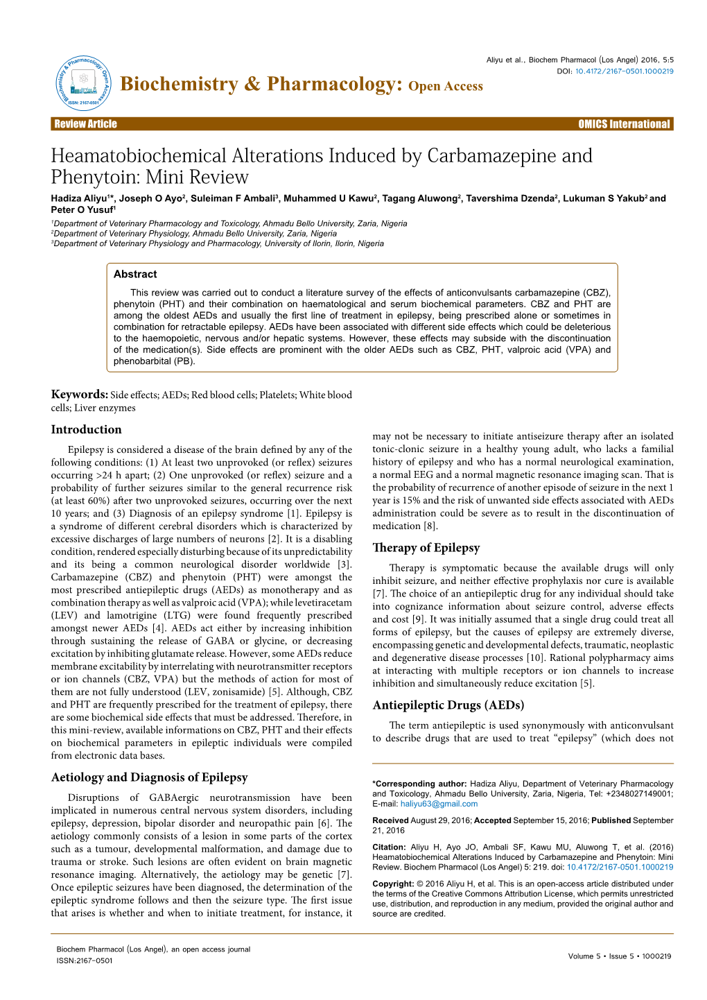 Heamatobiochemical Alterations Induced by Carbamazepine And