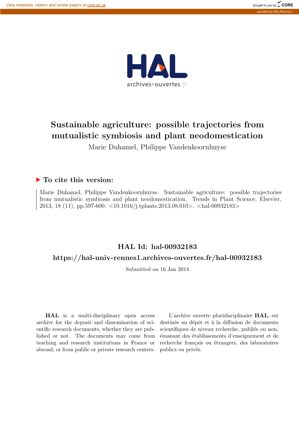 Sustainable Agriculture: Possible Trajectories from Mutualistic Symbiosis and Plant Neodomestication Marie Duhamel, Philippe Vandenkoornhuyse
