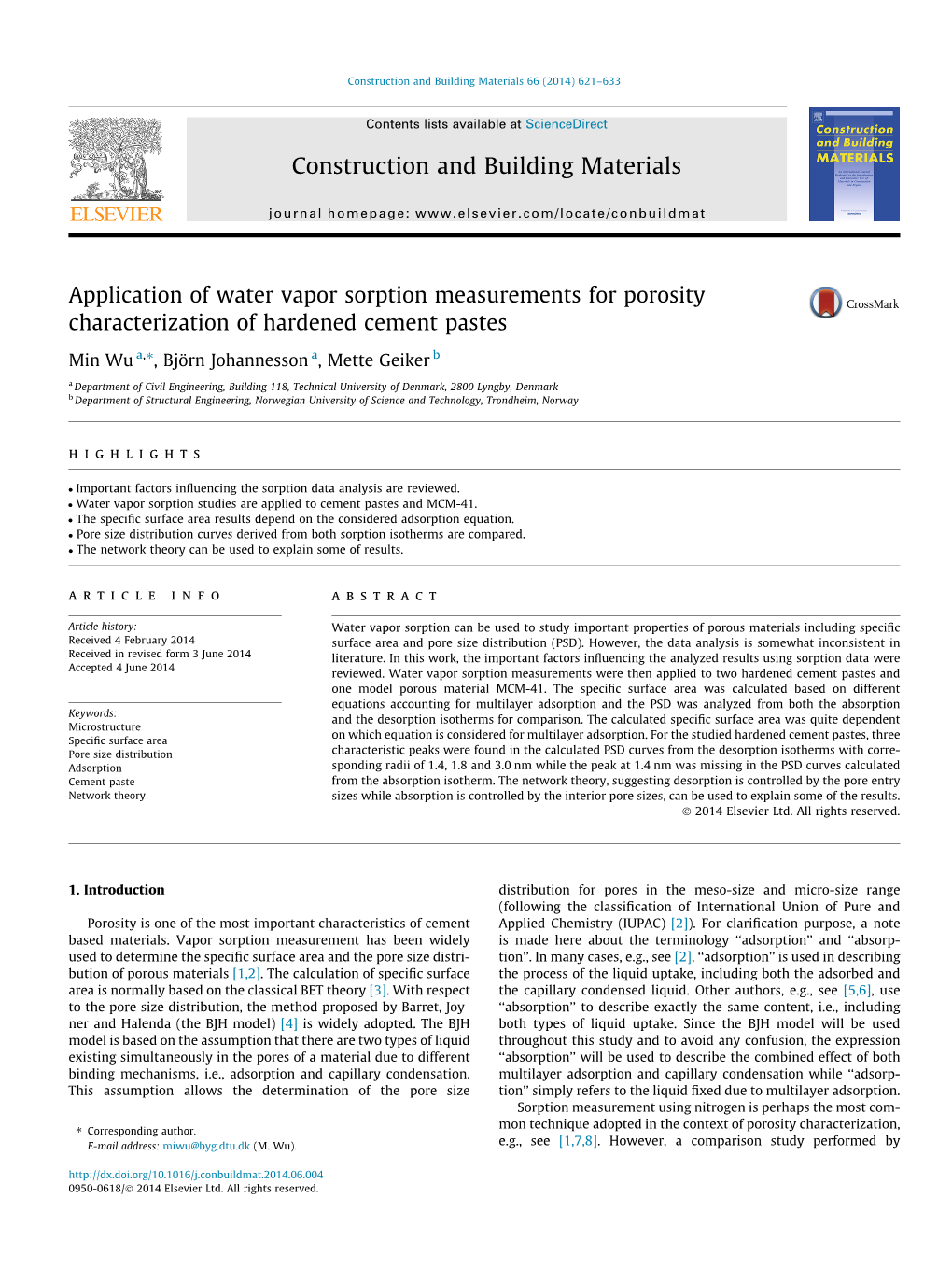 Application of Water Vapor Sorption Measurements for Porosity